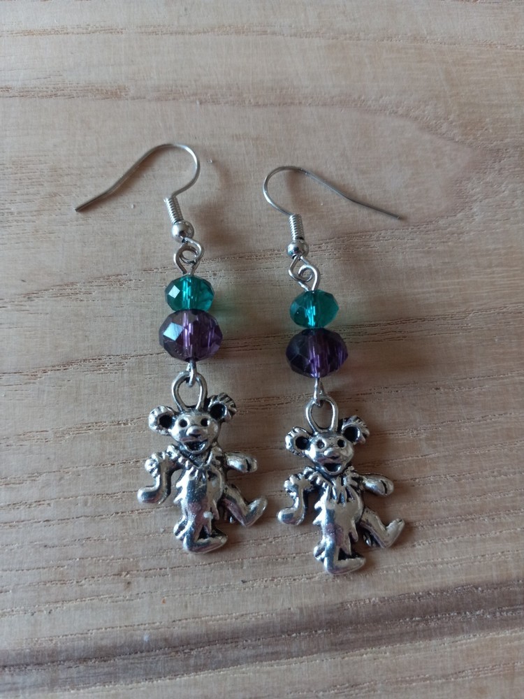 Grateful Dead Bear Tibetan Silver Dangle Drop Hook Earrings