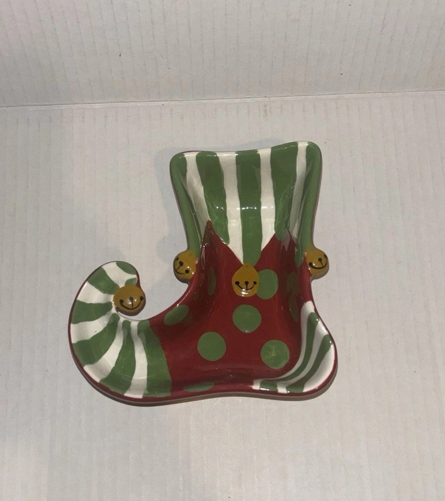 Christmas Holiday Elf Stocking Candy Bowl Trinket Dish Ceramic Holiday Decor