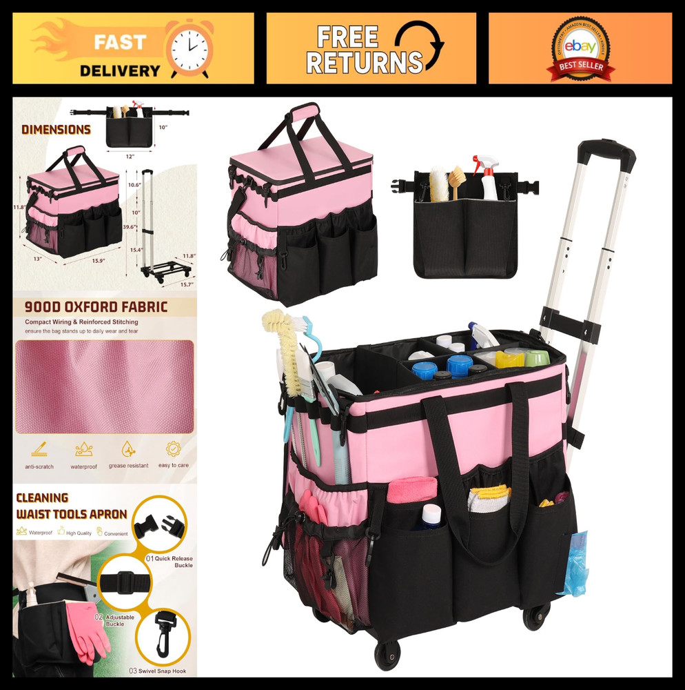 Rolling Cleaning Caddy Organizer with Detachable Trolley & Apron, Large Bag for