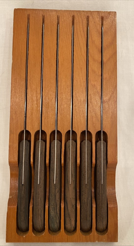Vintage Utica Super Edge Stainless Steel Steak Set in Wooden Holder Set of 6