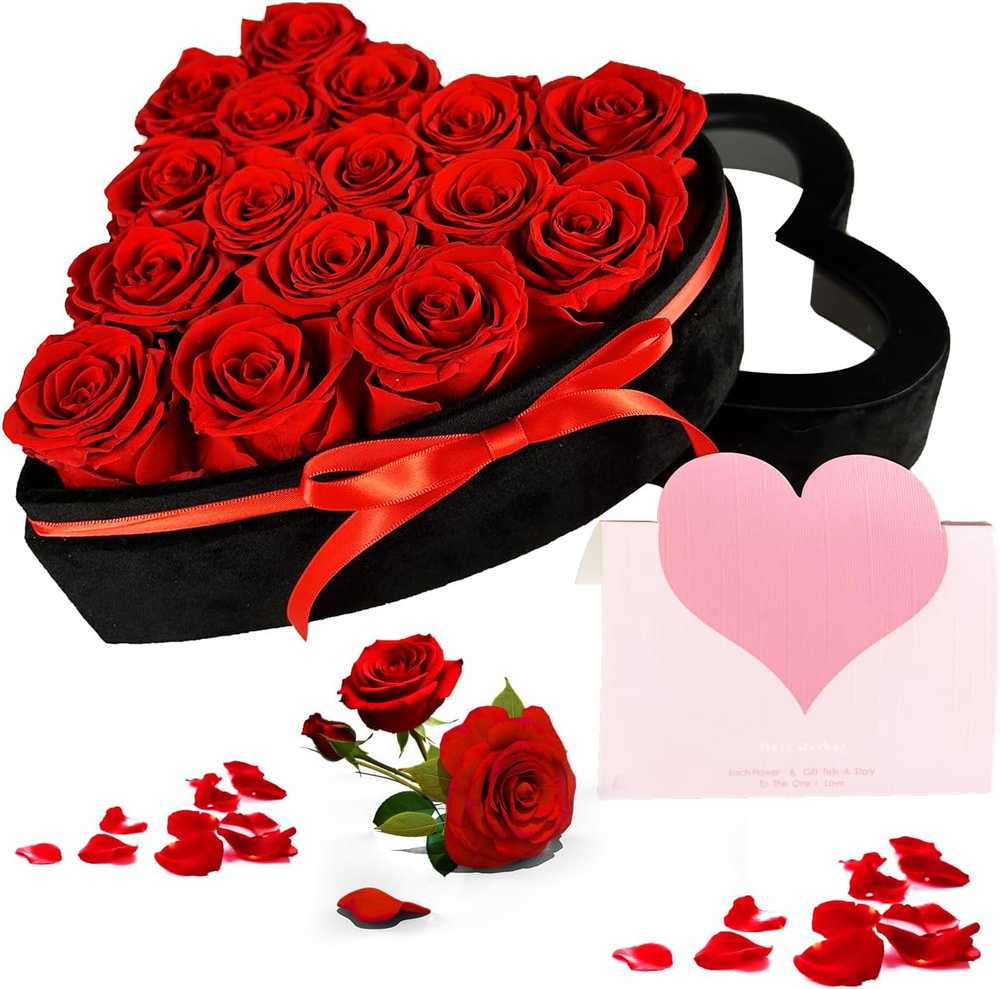 16-Piece Forever Flower Preserved Rose in Velvet Heart Shape Box, Birthday Gifts