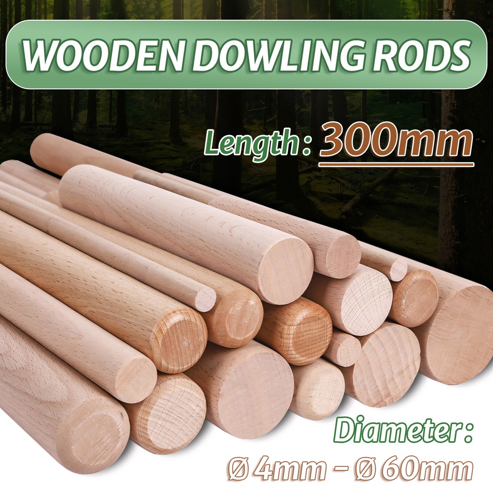 Ø 4mm to 60mm Beech x 30cm Wooden Dowling Rods, Craft Sticks Rods, Dowels DIY