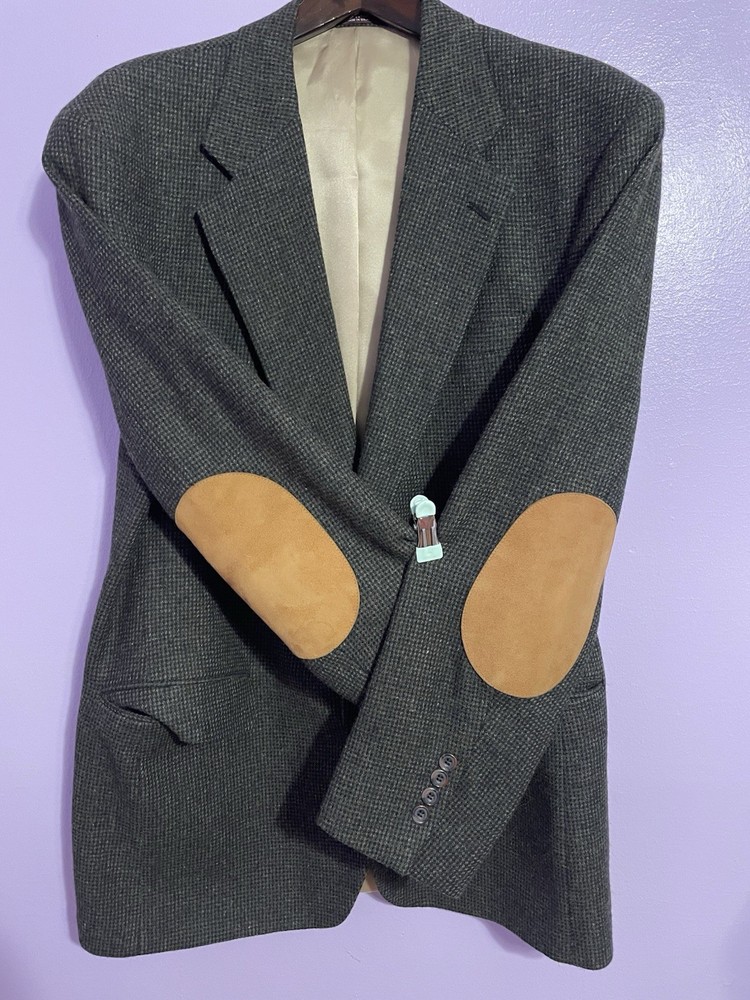 Evan-Picone Mens Tweed Blazer Brown Elbow Patch Sport Coat Jacket  100% Wool 44R