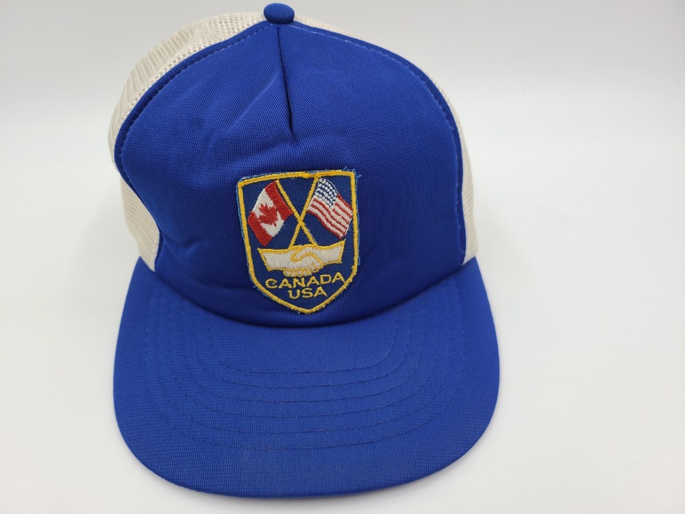 Vintage Canada USA Mesh Trucker Snapback Hat Cap 80s Canadian American Flag Blue
