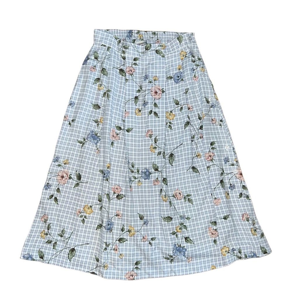 Cottagecore Blue Checkered Floral Midi Skirt A-Line Size 8 Vintage Style  