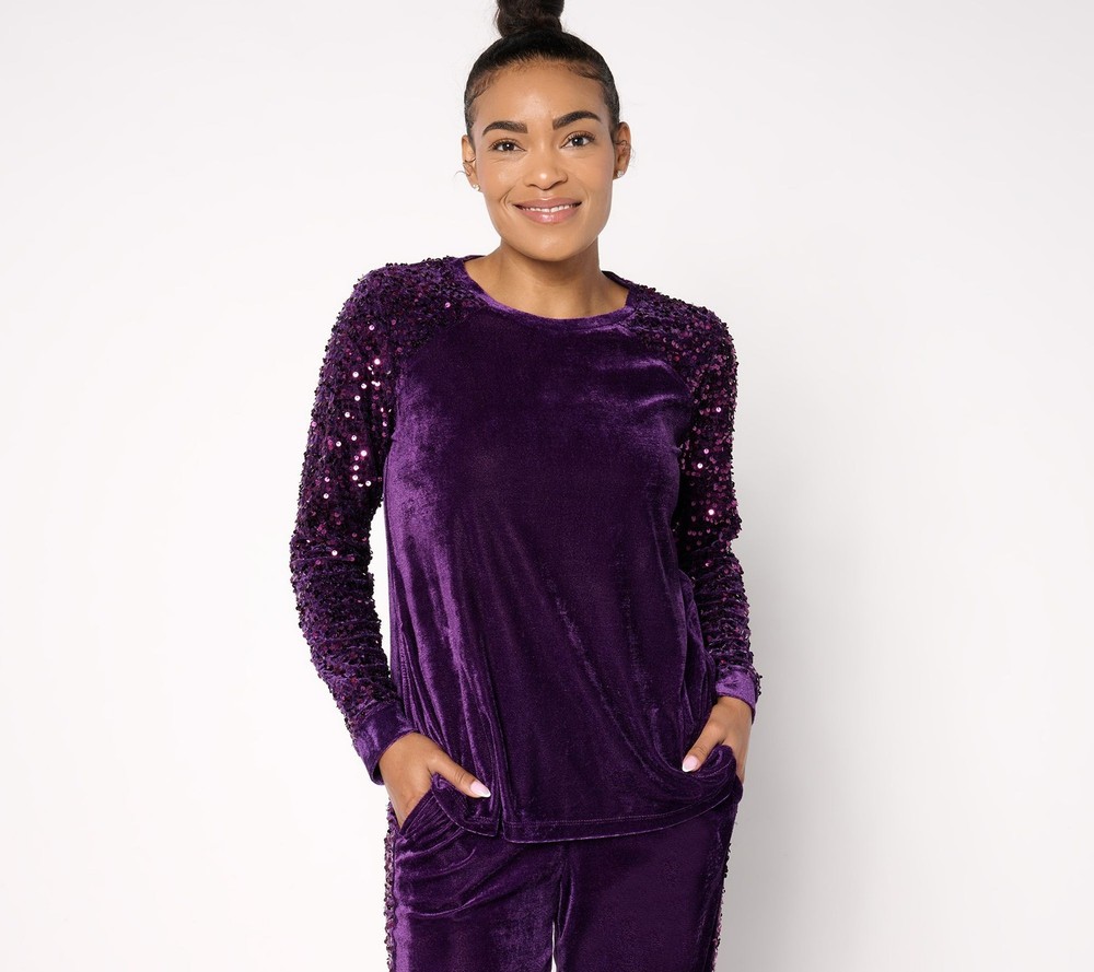 Maya J Women's Top Plus Sz 3X Long Sleeve Velvet & Sequin Purple A667539