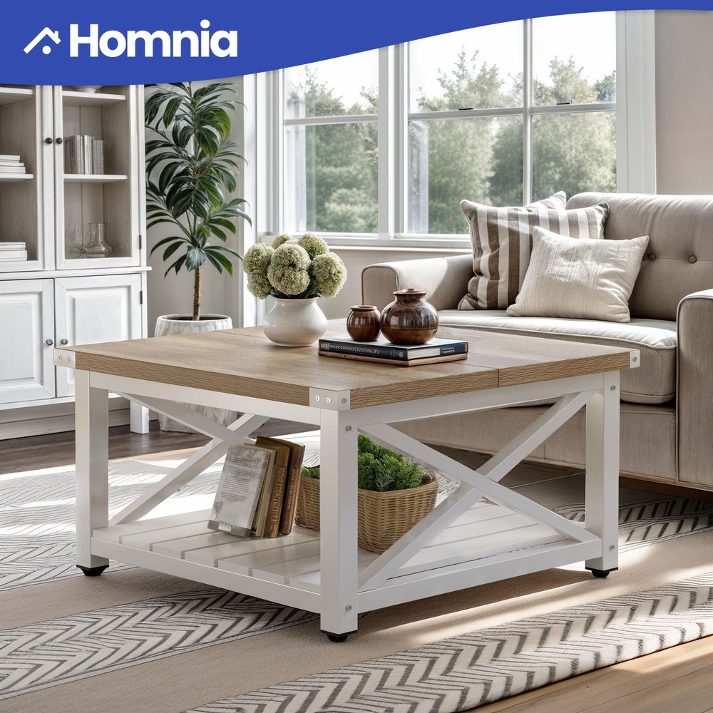 Rustic Farmhouse Square Coffee Table with Open Shelf Wooden Living Room End Table  