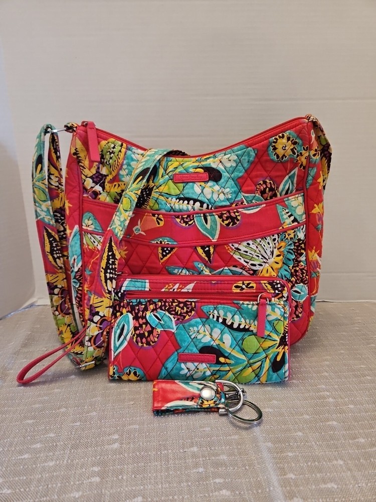 Vera Bradley Red Floral Hadley Purse with Rumba Tropical Wallet Keychain