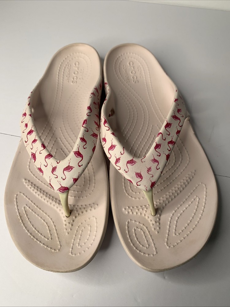 Crocs Iconic Comfort Flip Flops Womens Size 10 Pink W/Flamingo On Straps
