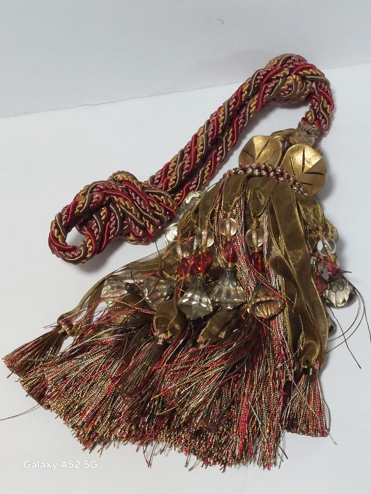 カーテンタイバック タッセル 10インチ ベースプラスストラップ ヘビーゴールド ブルゴーニュ グリーン ビクトリア朝