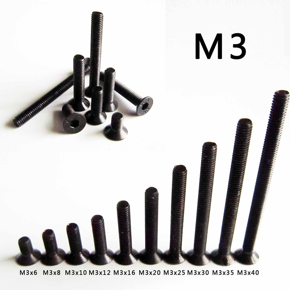 25/100pcs Black Steel Metric M3 Flat Countersunk Head Hex Socket Screw Cap Bolt