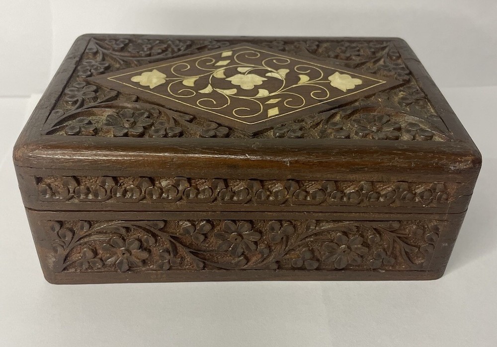 Vintage Sheesham Wooden Hinged Box Jewelry Trinket Handcarved Inlay Floral India