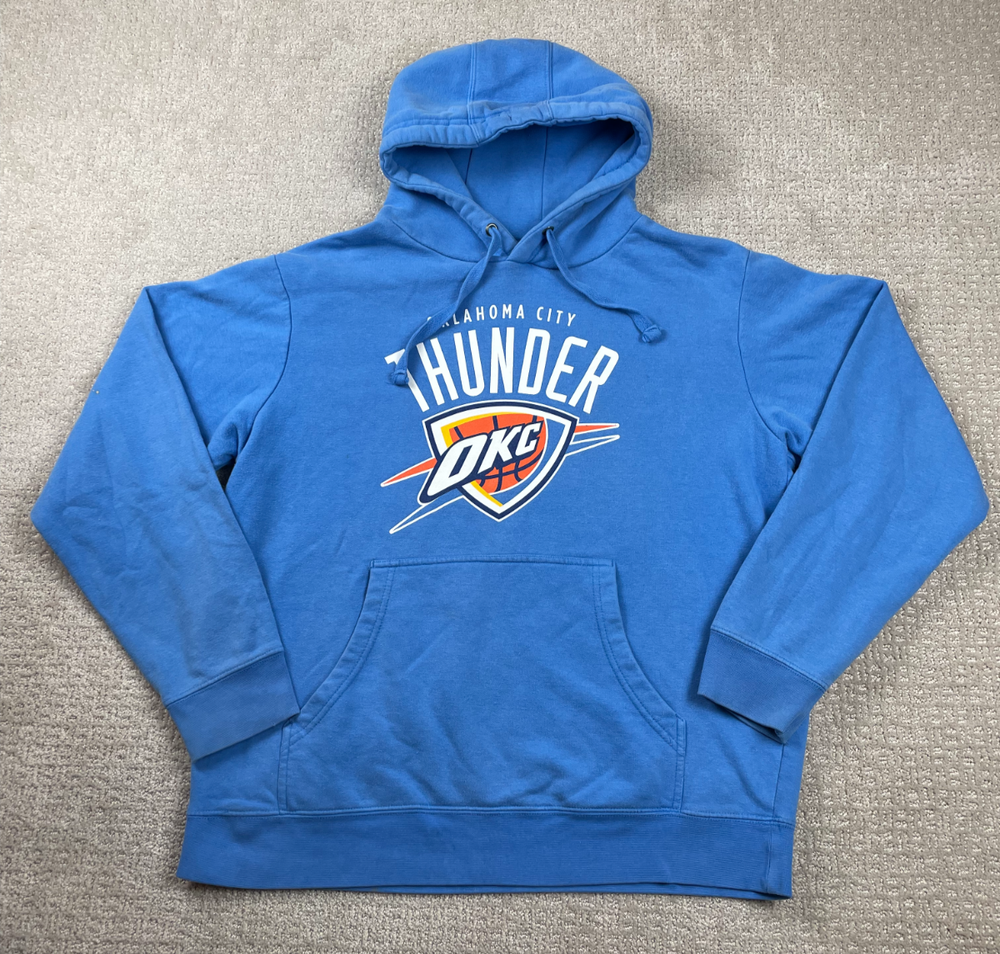 OKC Thunder Hoodie Mens XL Blue Pullover Fleece Sweatshirt Spellout Logo NBA