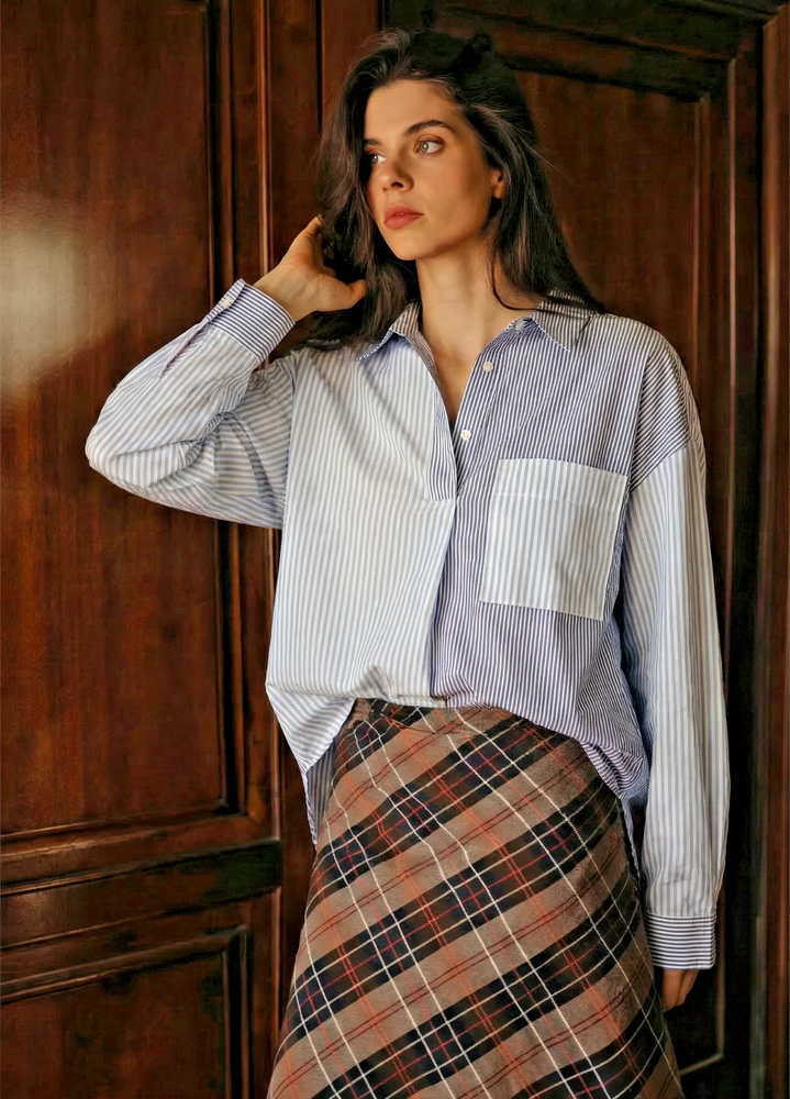 NWOT French Connection Women’s Mixed Blue Striped Popover Shirt Size Small