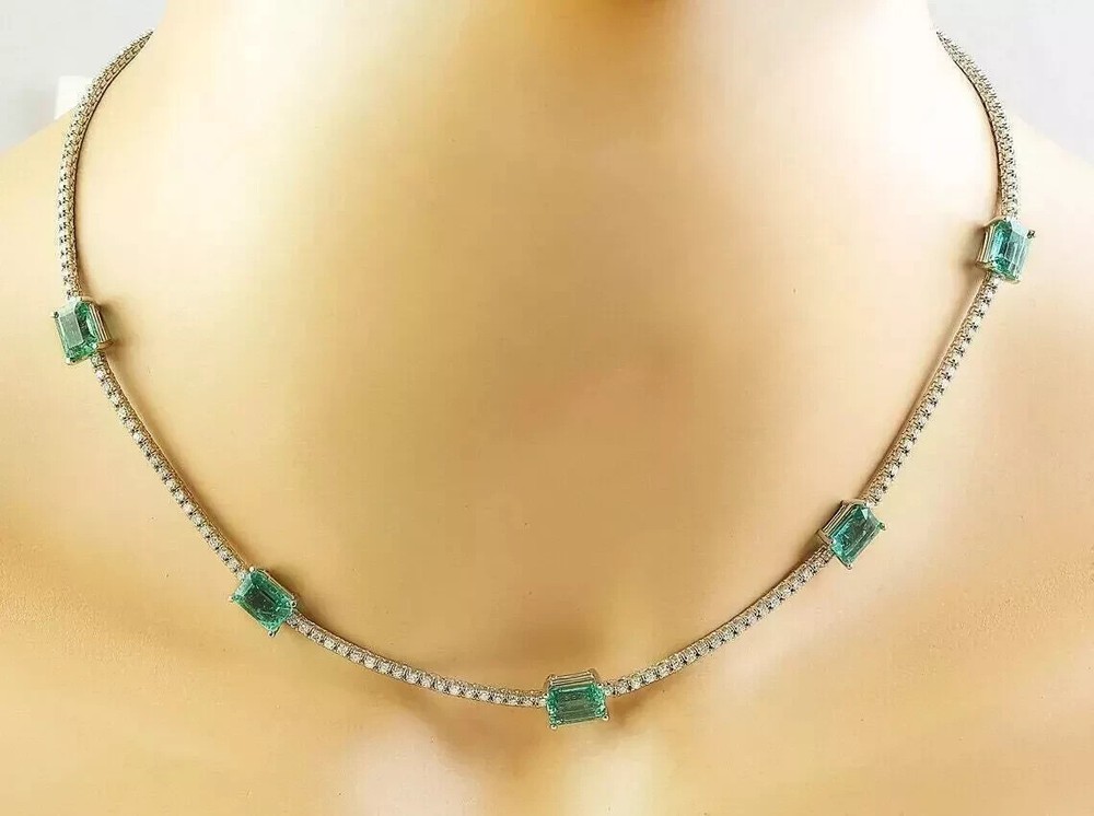 15Ct Emerald Cut Emerald Lab-Created Tennis Necklace 14k White Gold Plated 18