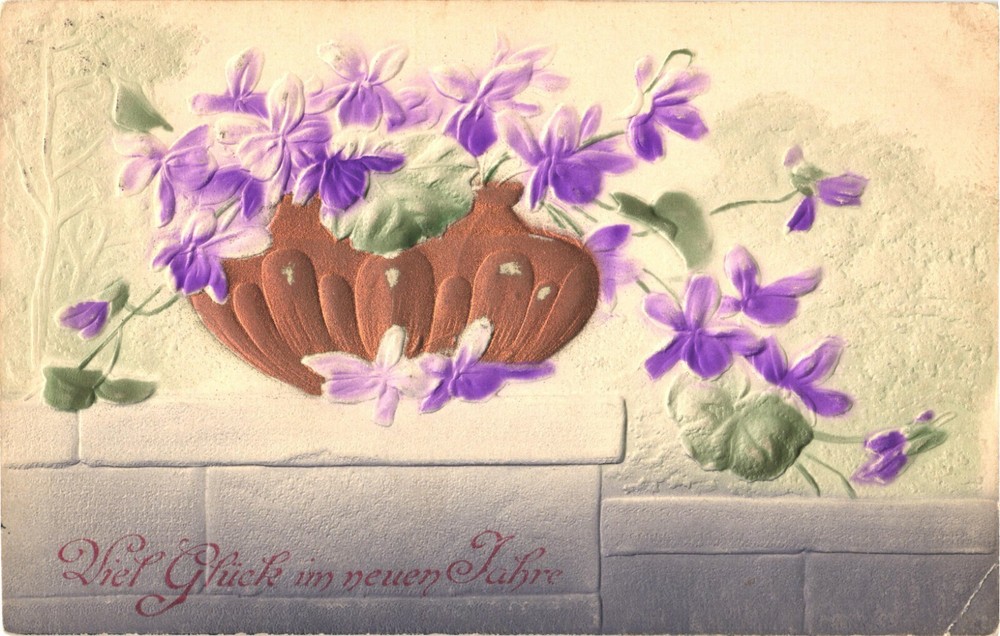Purple Flowers, Good Luck In The New Year, German New Year Greetings Postcard-image