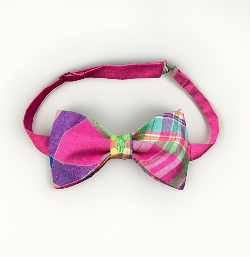 Custom Mens Pink Plaid Bow Tie Pre-tied Adjustable Handmade with Pony