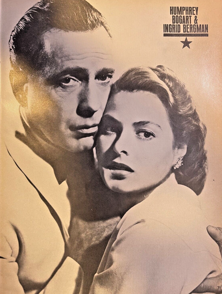 1973 Vintage Magazine Illustration Actors Humphrey Bogart & Ingrid Bergman