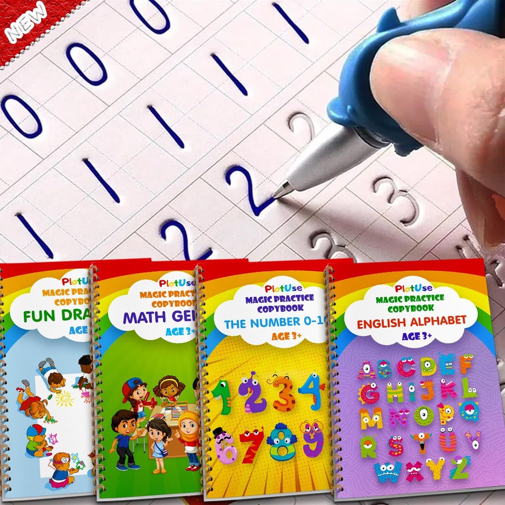 Magic Practice Copybook for Kids Reusable Grooved Handwriting Practice 4 Work...