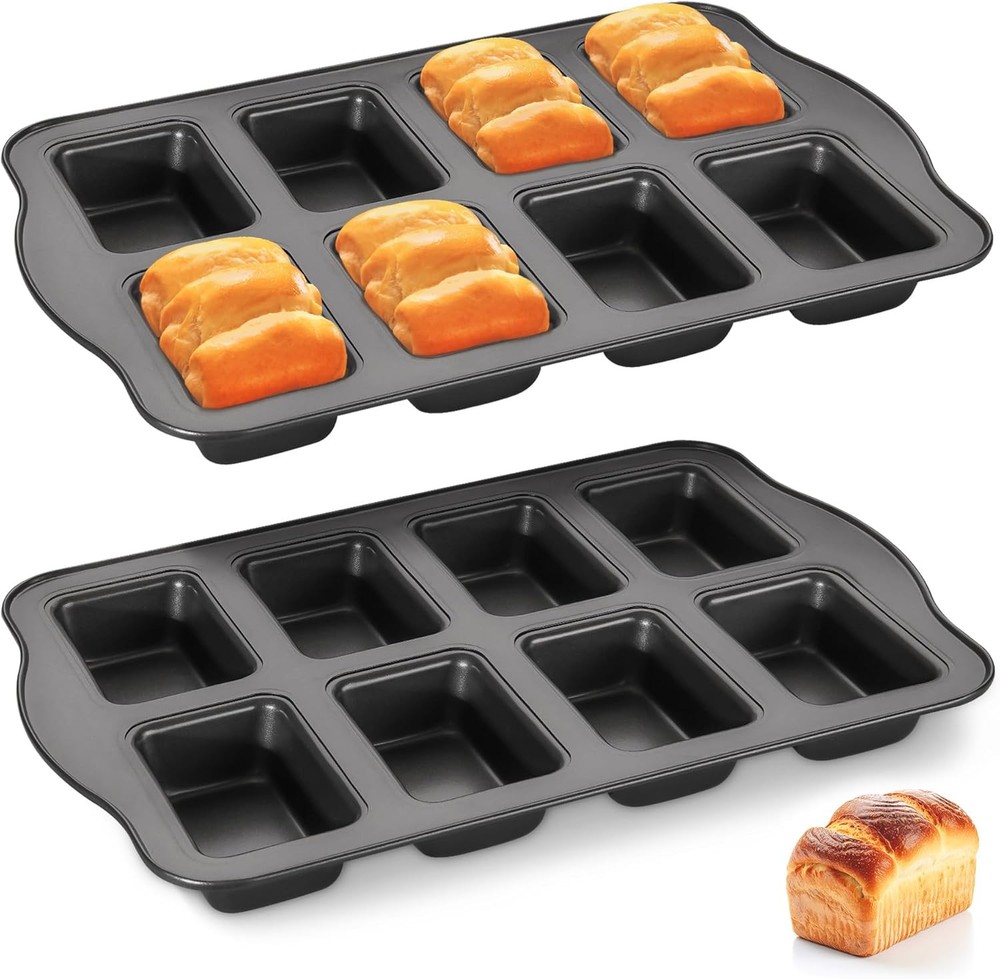 HONGBAKE 2 Pack Mini Loaf Baking Pans 8-Cavity, Nonstick Small 2 Pack, Gray