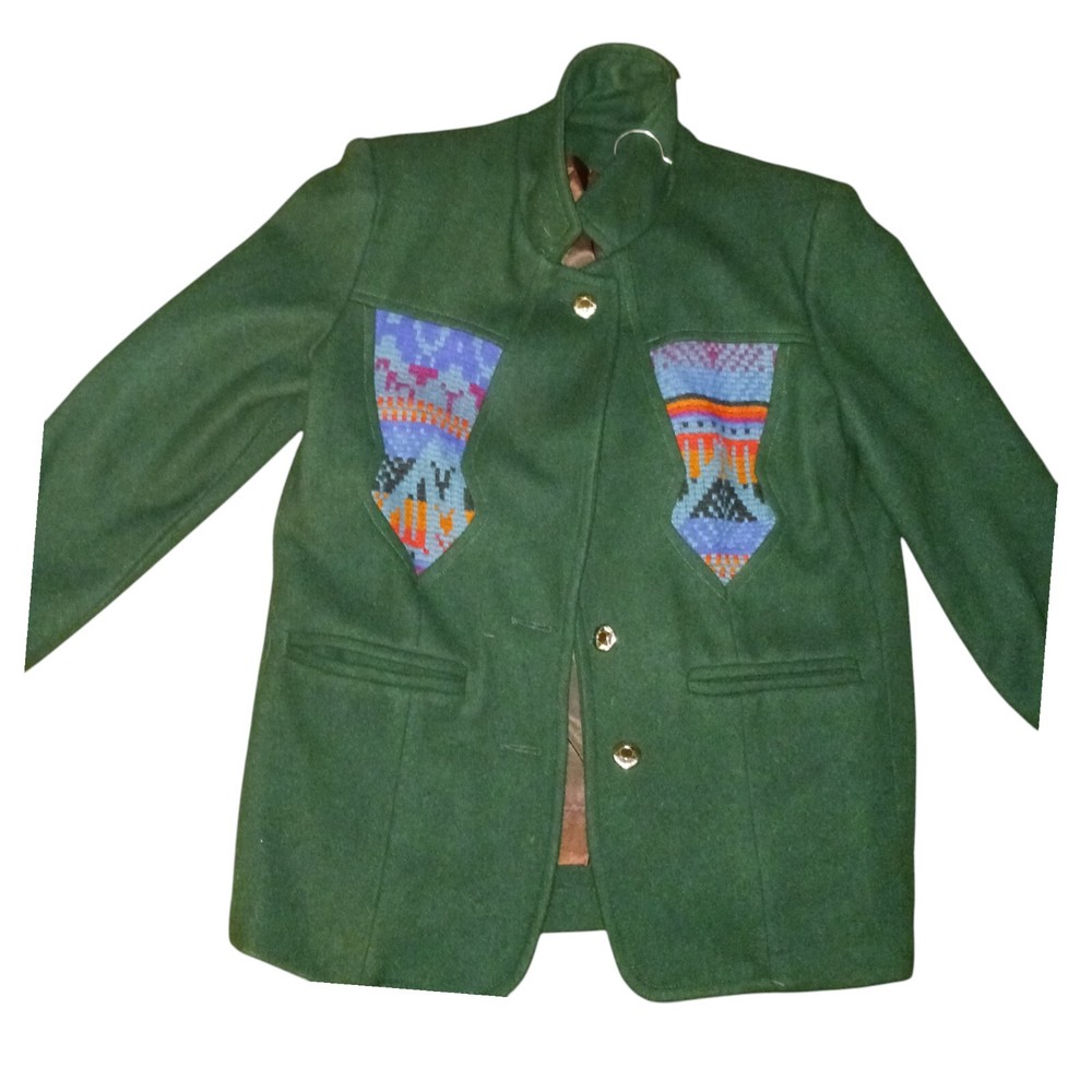 Wool Blend Green Pea Coat with Aztec Stitch Detail Front and Back