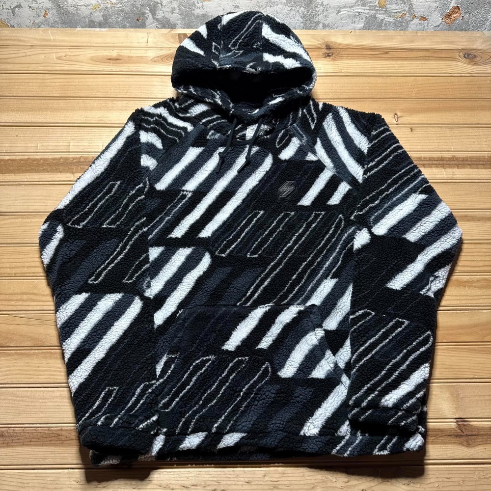 Superdry Sherpa Fleece Abstract Striped Raglan Pullover Hooded Jacket - Medium