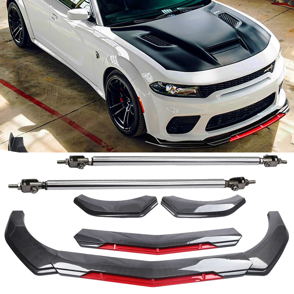 Dodge Charger Carbon Fiber Front Bumper Lip Spoiler Splitter with Strut Rods