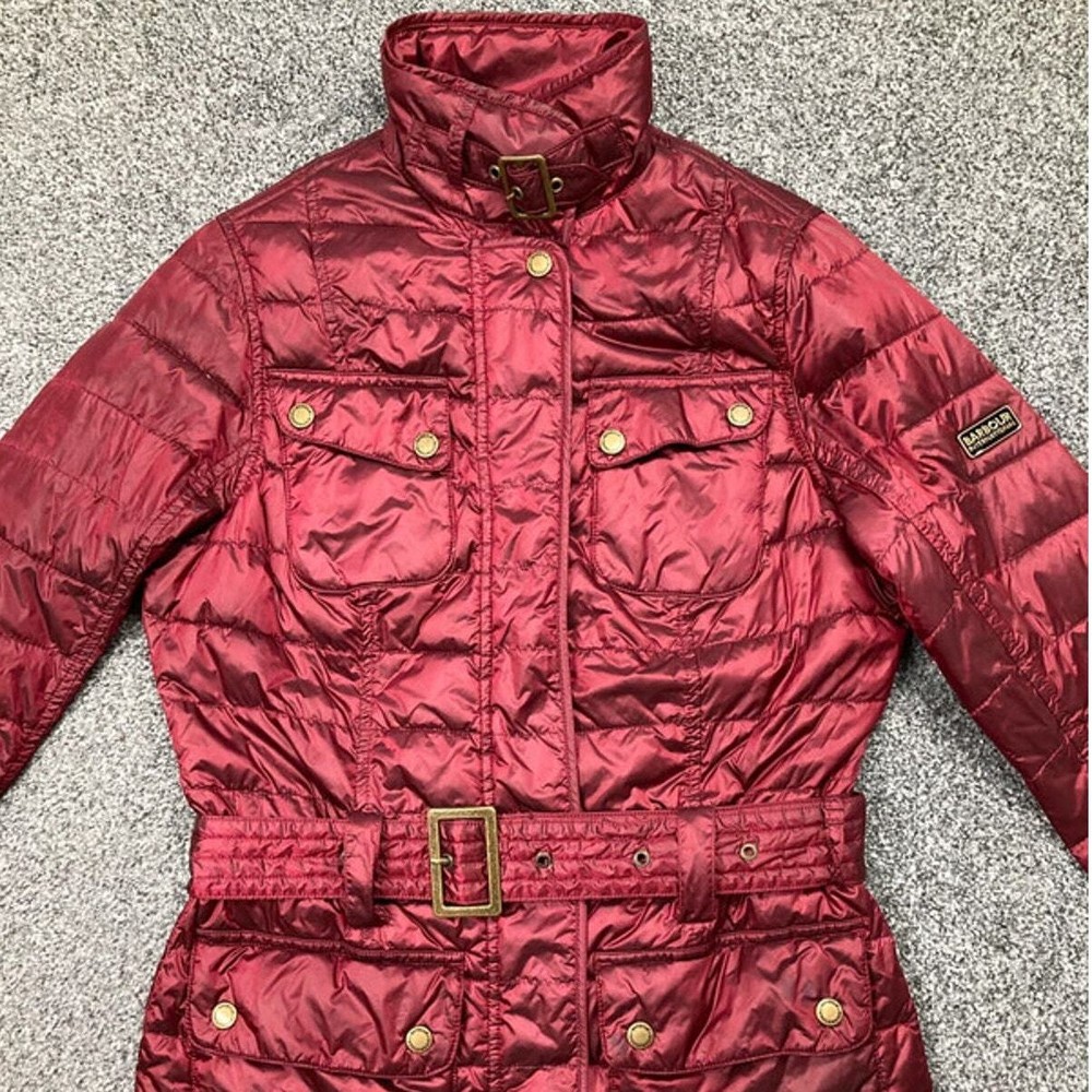 Barbour International quilted jacket womens size 8 Red belt Broton fibre