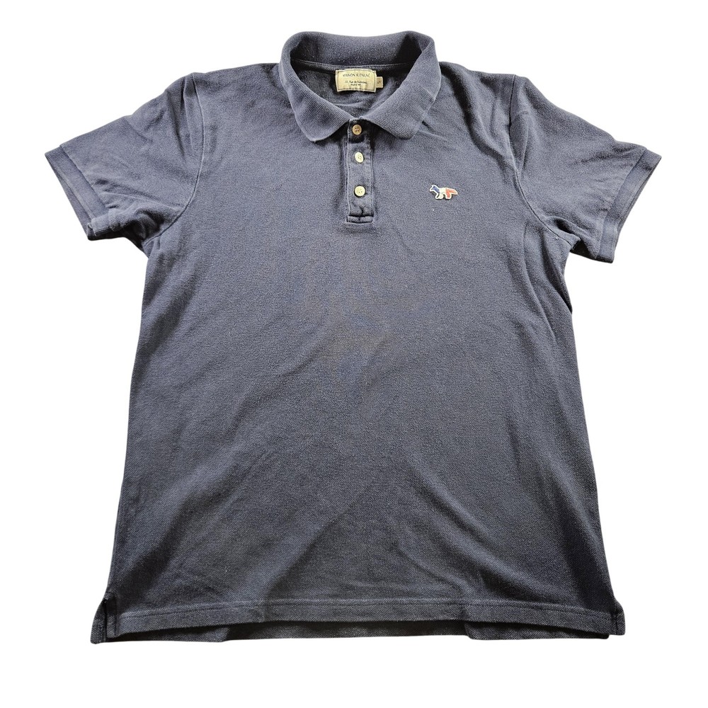 Maison Kitsune Polo Shirt Mens Small Navy Blue Tricolor Fox Patch Embroidered
