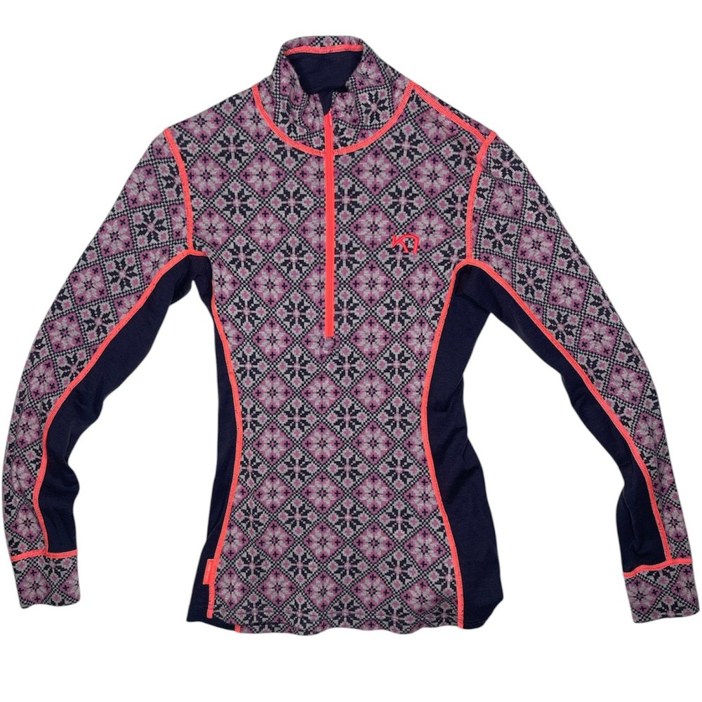 Kari Traa Womens Small Base Layer Top 100% Wool Blue Pink Nordic Quarter Zip