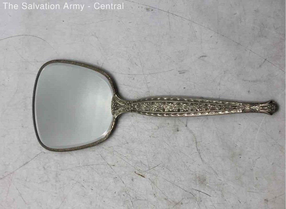 Silver Colored Embossed Floral Victorian Vanity Hand Mirror With Handle