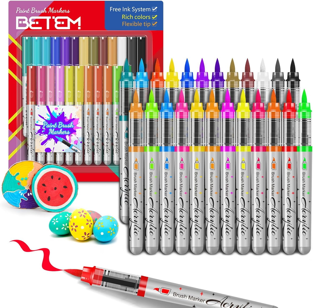 Acrylic Paint Pens, 24 Colors Water-Based Free-Ink System Colored Pens, Brush Ti