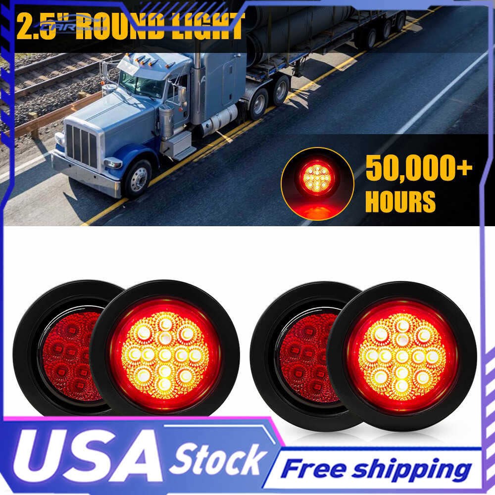 2.5 Inch 4Pcs Red Round DOT LED Clearance Tail Lamp Side Marker Light w/ Grommet