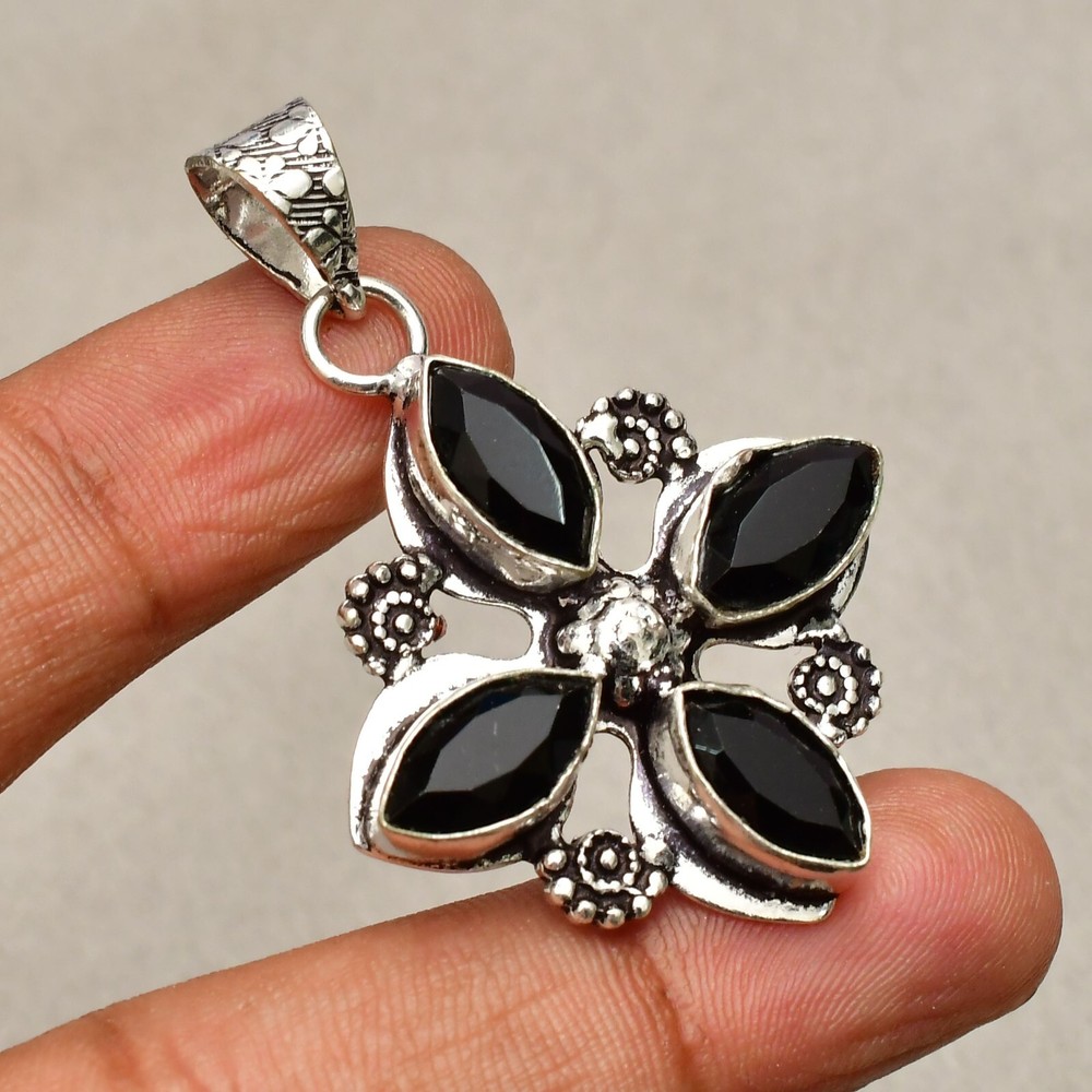 Black Onyx Gemstone Handmade 925 Sterling Silver Pendant 1.8 Inch