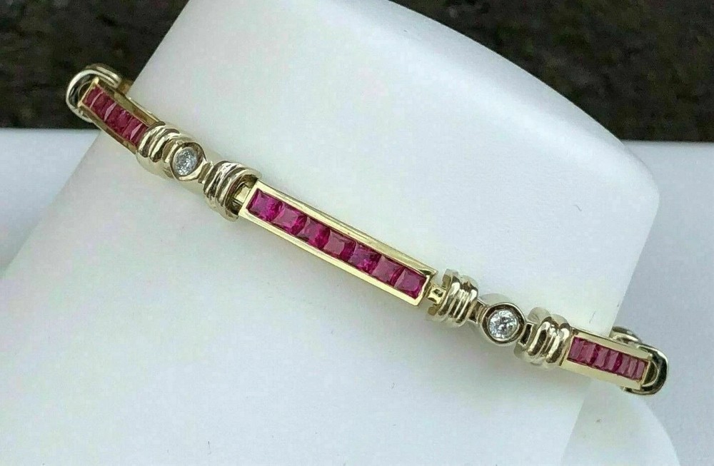 10CT Princess Cut Simulated Red Ruby/Diamond Tennis Bracelet14K Yellow Gold Over