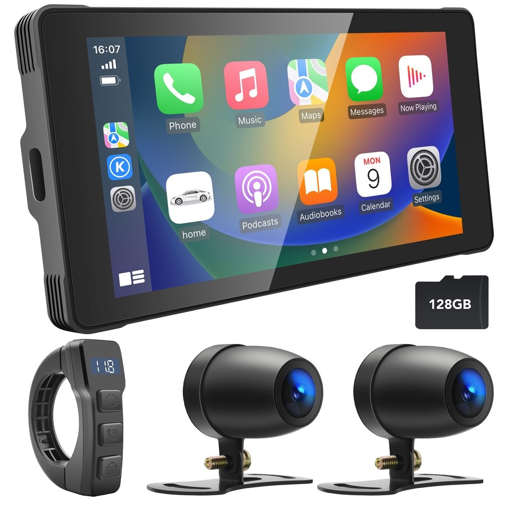Portable Motorcycle Dash Cam, Wireless Motorcycle Apple CarPlay & Android Aut...