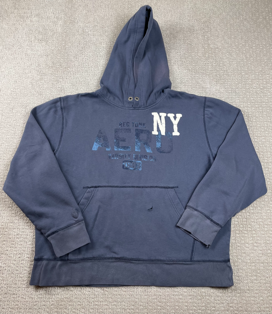 Vintage Y2K Aeropostale Hoodie Mens XL Blue Pullover Distressed Faded Grunge 90s