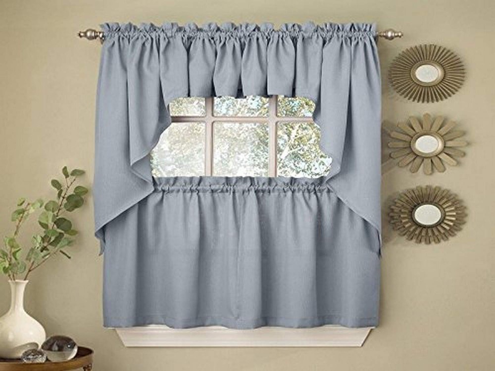 Opaque Ribcord Blue Kitchen Curtains Pair 36-Inch Tier for Home Collection