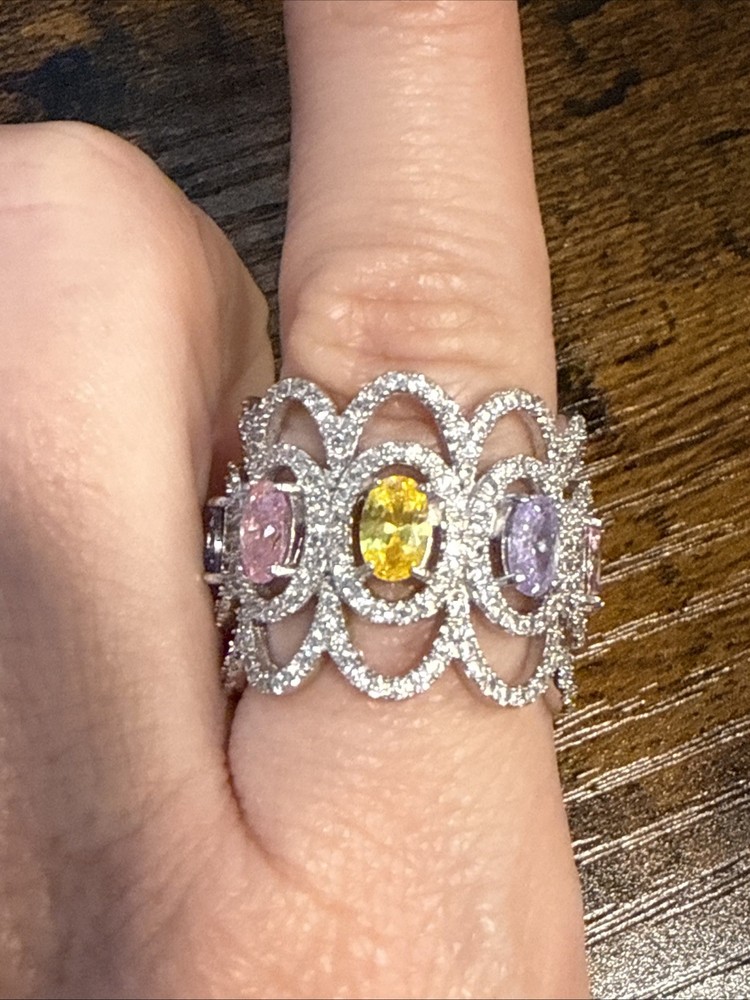 JTV Sterling Silver Multi-Color CZ Statement Ring Size 9