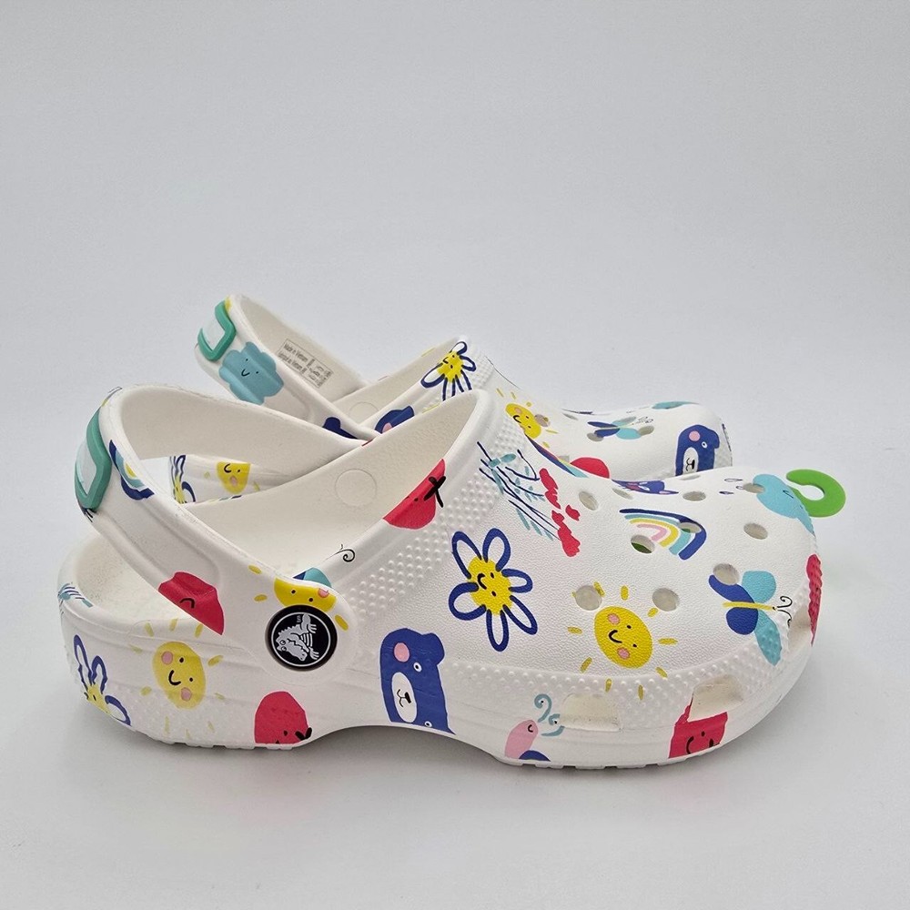 Crocs Classic Doodle Print Clogs Kid's Size 1 White Slip On Casual Comfort