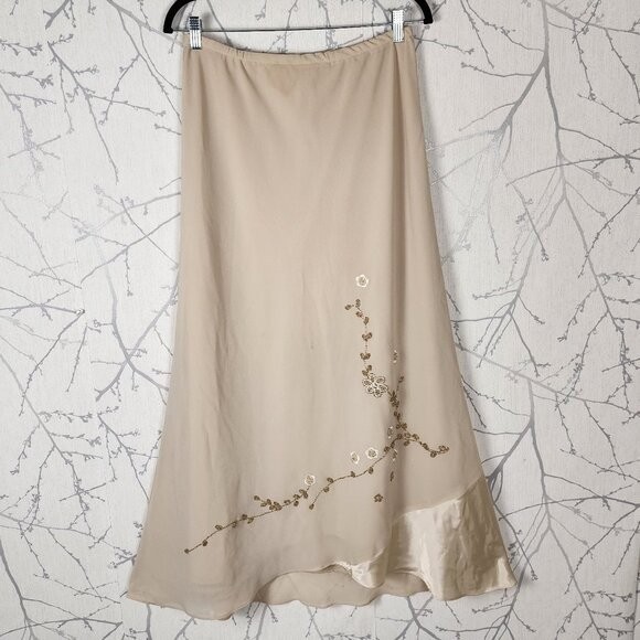 Joseph Ribkoff VTG Beige Floral Beaded Pull On Fairy Maxi Skirt | Women's 12