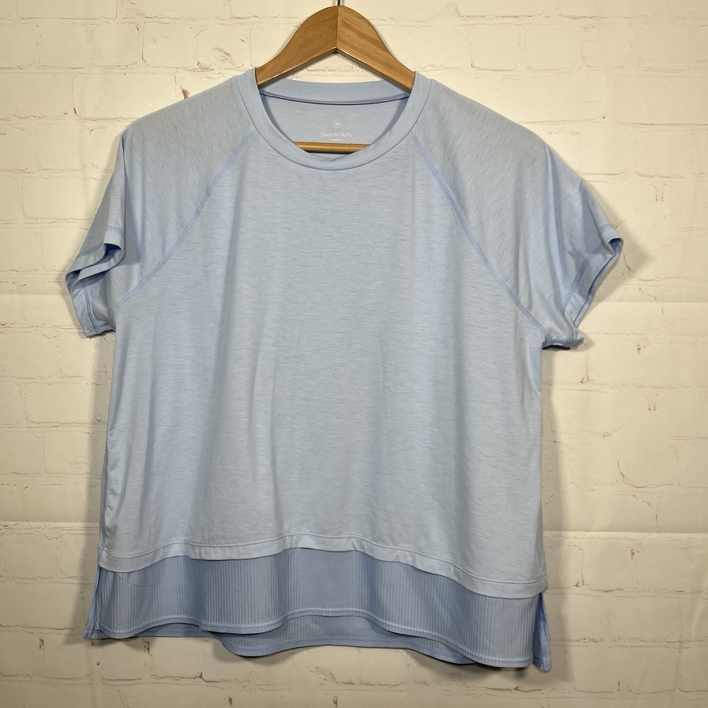 Sweaty Betty Shirt Womens Medium Blue Athletic Gym Ribbed Workout Short Sleeve