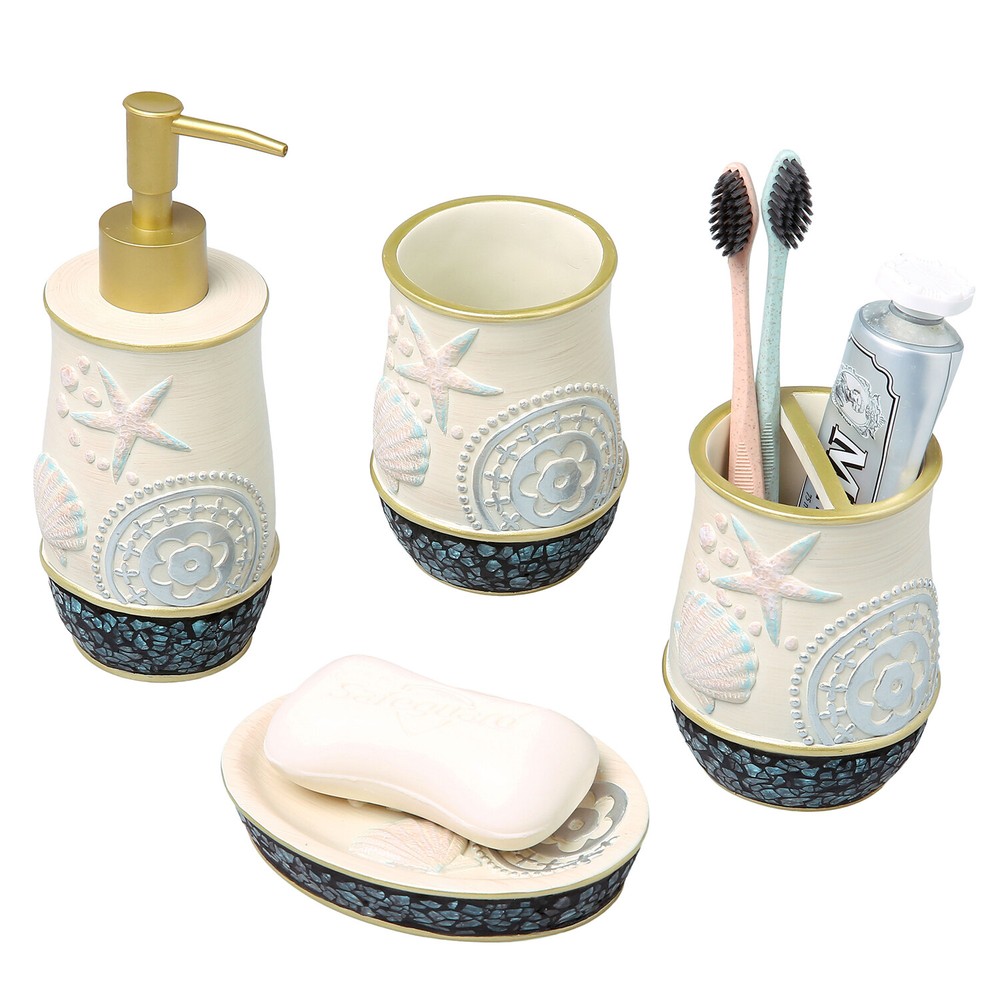 4Pcs Resin Bathroom Accessories Set w/ Toothbrush Holder, Soap Dish, Tumbler