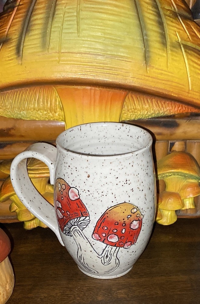 Vintage Looking Speckled White Coffee Mug Detailed Illustrations Of Mushrooms