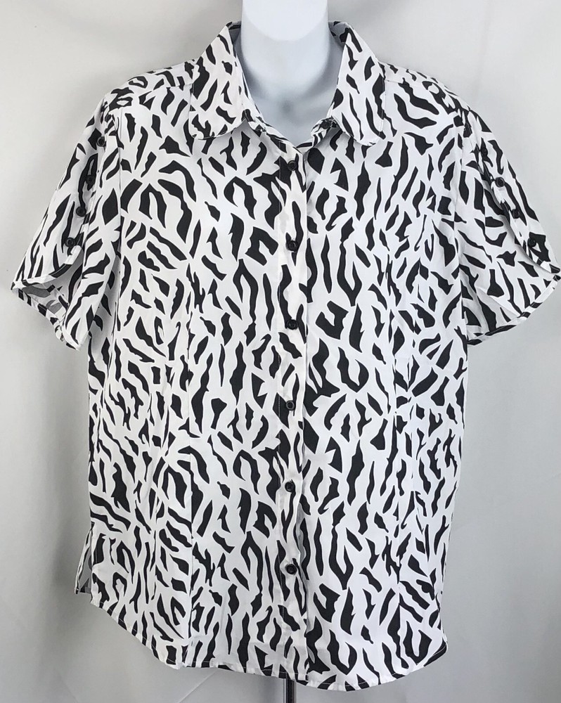 Retro 80s Top L Wht/Blk Geo Animal Print Button Up Shortsleeve Zebra glam office