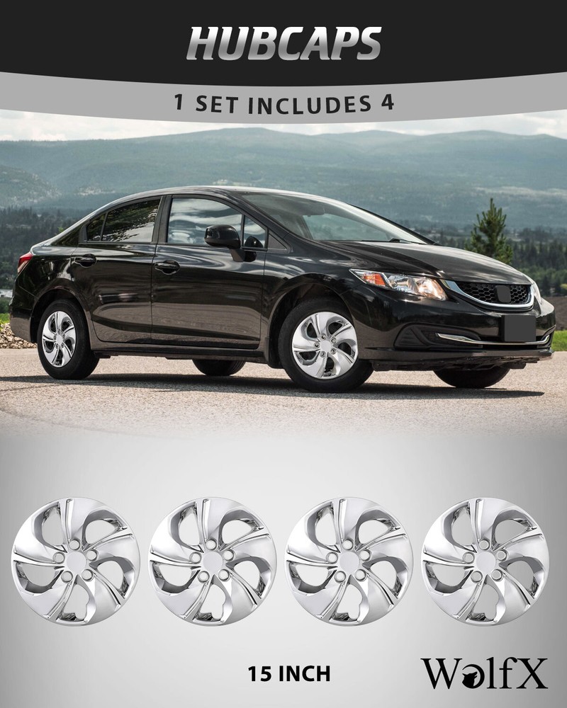 15 Inch 4 Chrome Wheel Covers Bolt On Full Hub Caps for 2006-2011 Honda Civic ABS PC