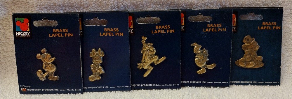 Vintage Disney Brass Mickey Minnie Goofy Donald Lapel Pins SET OF 5