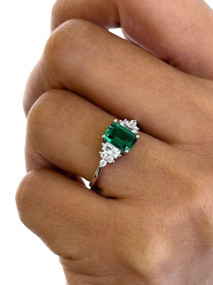 2Ct Emerald Cut Green Simulated Gemstone Women's Band Ring in 14K White Gold Plated