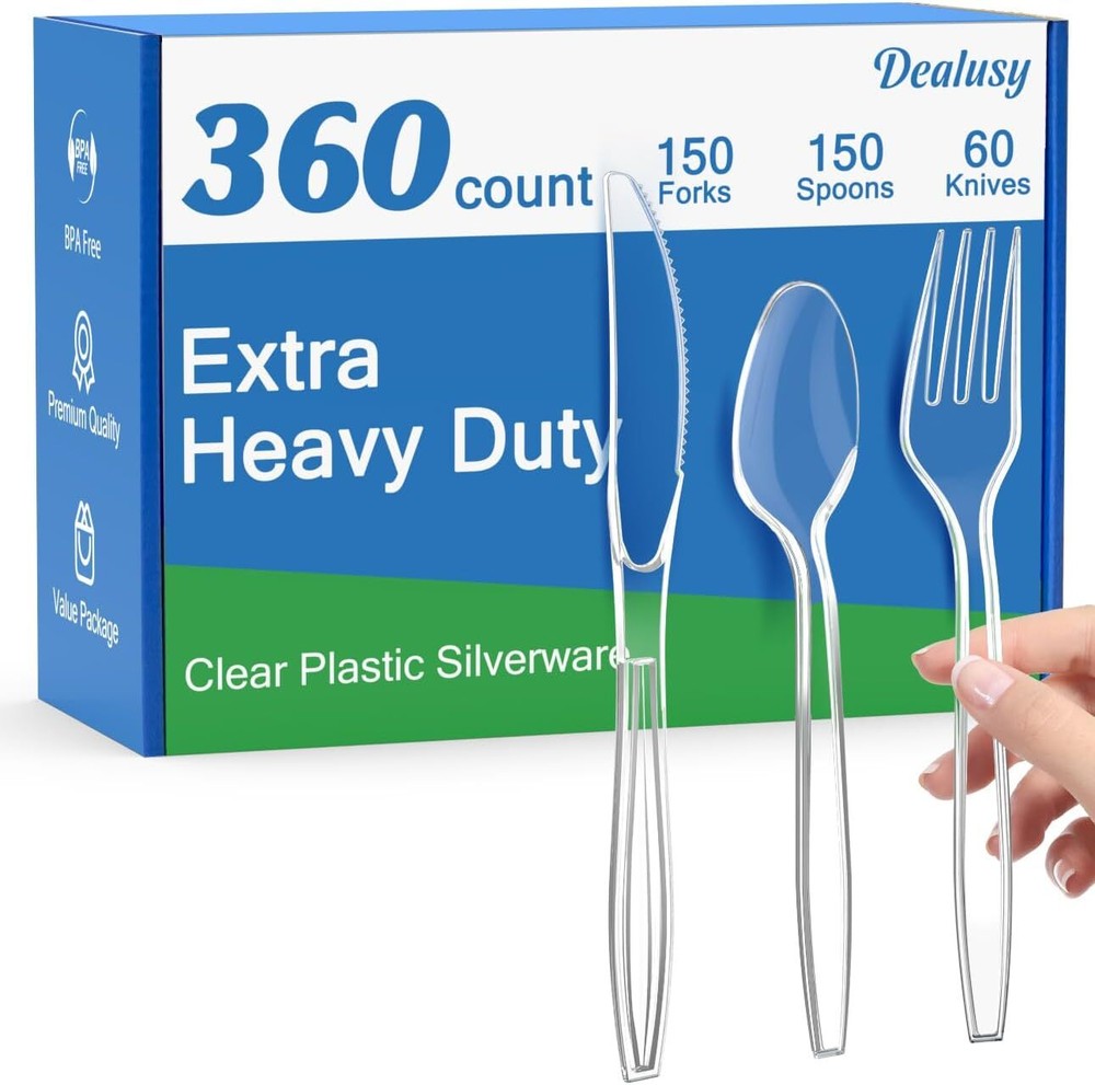 360 Count Extra Heavy Duty Clear Plastic Silverware, 150 Forks, 150
