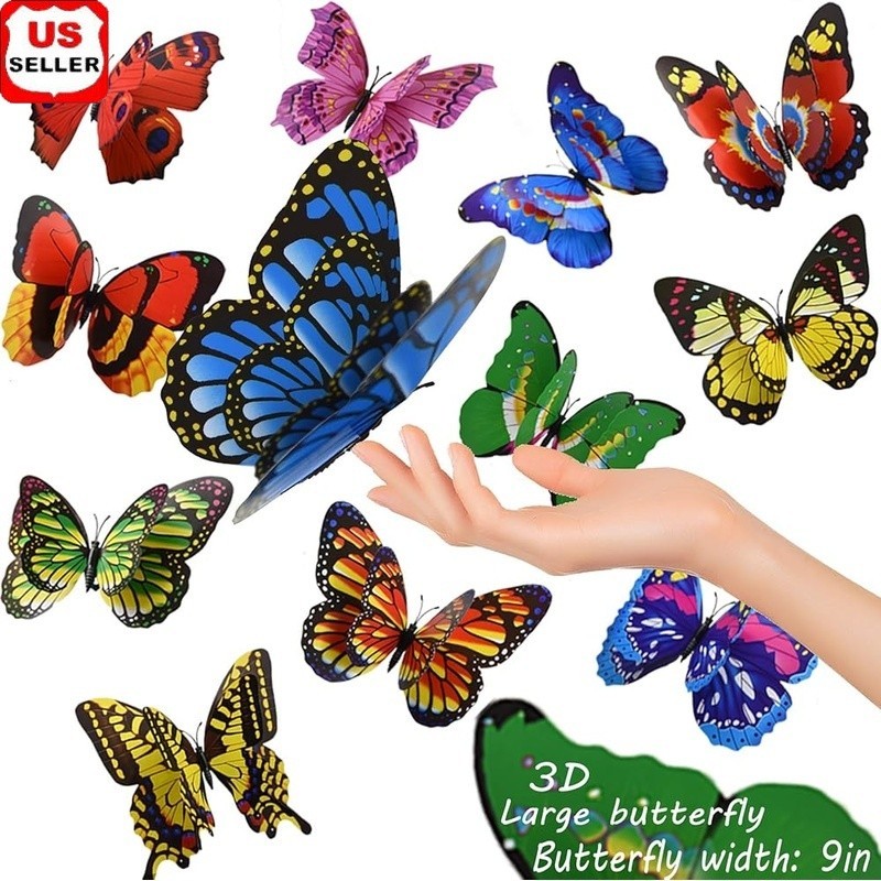 Large Butterfly Wall Stickers Set 12 Assorted 3D Reusable Decor Parties New